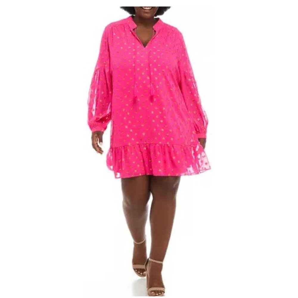 Crown &Ivy Tassel Peasant Dress Size-1X Neon Pink with Shiny Gold Dots